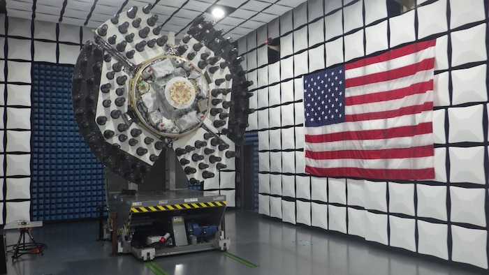 The Navigation Technology Satellite-3 (NTS-3) spacecraft is shown in an anechoic test chamber prior to electromagnetic interference and electromagnetic compatibility testing in Palm Bay, Florida. This experimental satellite is being designed, built and tested by L3Harris Technologies, and will be used by the Air Force Research Laboratory and partner organizations as part of an integrated system to conduct a one-year demonstration of advanced technologies and concepts in satellite navigation. (Courtesy photo)
