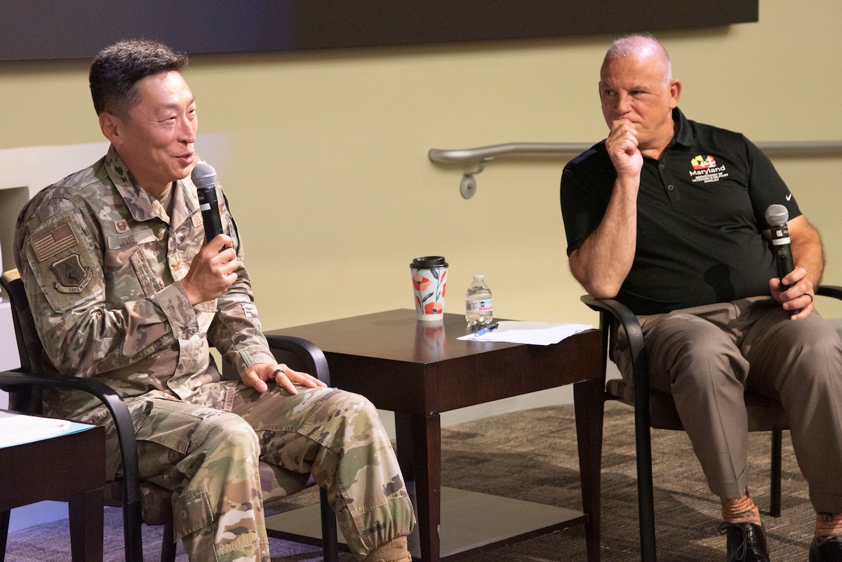U.S. Air Force Col. Jun S. Oh, 316th Wing and installation commander, and Edward C. Rothstein, Maryland Department of Veterans and Military Families secretary, participate in the "Mission Strong” summit Aug. 8, 2025, at the Gen. Jacob E. Smart Conference Center at Joint Base Andrews, Maryland. Both leaders emphasized the central role that military families play in the strength and readiness of the armed forces.