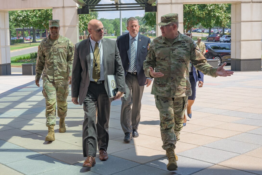 Defense Logistics Agency Director Army Lt. Gen. Mark Simerly, right, greets Assistant Secretary of Defense for Energy, Installations and Environment Dale Marks, left, before a meeting at the McNamara Headquarters Complex at Fort Belvoir, Virginia, July 30, 2025.