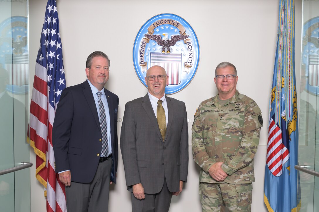 Defense Logistics Agency Vice Director Brad Bunn, left, Assistant Secretary of Defense for Energy, Installations and Environment Dale Marks, center, and DLA Director Army Lt. Gen. Mark Simerly, right, pose for a photo before a meeting at the McNamara Headquarters Complex at Fort Belvoir, Virginia, July 30, 2025.