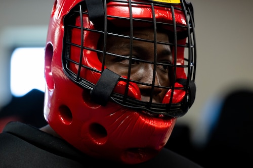Airman in protective helmet