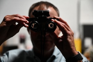 Jeremy Bartz, a 17th Training Wing honorary commander, looks through night vision goggles during a tour at Dyess Air Force Base, Texas, Aug. 6, 2025. The 7th Operations Support Squadron is responsible for B-1 combat effectiveness and directs wing flight operations, conventional mission planning, combat tactics, airfield management, aircrew training, exercise scheduling, aircraft scheduling, weapons and tactics standardization, intelligence integration, war plans, deployment planning, weather support, small computer support, simulator training, air traffic control, maintenance analysis, mobility processing and wing life support functions.
(U.S. Air Force photo by Staff Sgt Nathan Call)