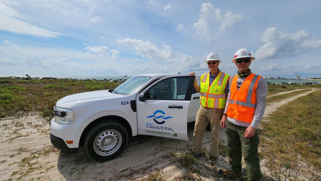 USACE Jacksonville District Senior Project Manager Chris Ren prepares to escort USACE Canaveral Sand Bypass (CSB) project delivery team members and non-federal sponsor representatives on a site visit of CSB operations.