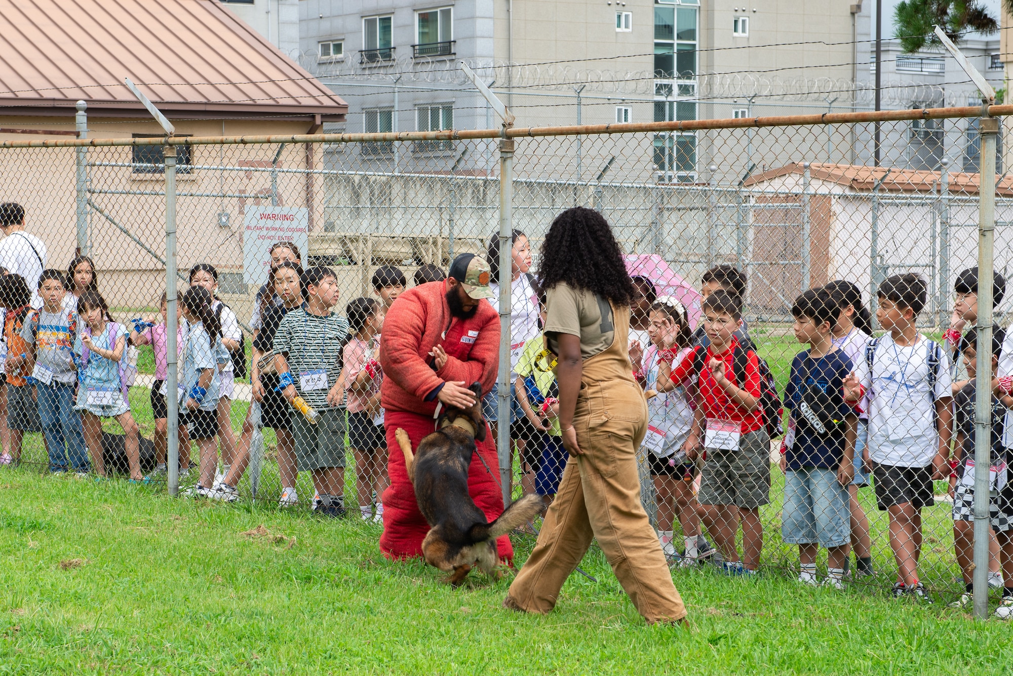 Airmen demonstrate how a military working dog apprehends suspects.