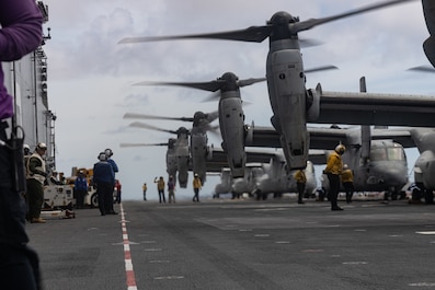 PHILIPPINE SEA (Aug. 10, 2025) — U.S. Marine Corps MV-22B Osprey assigned to Medium Tiltrotor Squadron 262 (Rein.), 31st Marine Expeditionary Unit, prepare to take off from the flight deck of the forward-deployed amphibious assault ship USS America...