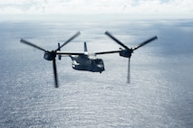 A U.S. Marine Corps MV-22B Osprey assigned to Marine Medium Tiltrotor Squadron (VMM) 265 (Rein.), 31st Marine Expeditionary Unit, supports anti-submarine warfare training, in the Philippine Sea, Aug. 8, 2025.