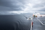 PORT OF SPAIN, Trinidad (Aug. 11, 2025) The Mercy-class hospital ship USNS Comfort (T-AH 20) departs from Port of Spain, Trinidad after the final mission stop of Continuing Promise 2025, Aug. 11, 2025. Continuing Promise 2025 is the 16th iteration of the U.S. 4th Fleet/U.S. Naval Forces Southern Command-led mission since 2007, which aims to foster goodwill, strengthen existing partnerships with partner nations, and form new partnerships between host nations, non-federal entities, and international organizations. (U.S. Army photo by Pfc. Jordan Bristol)