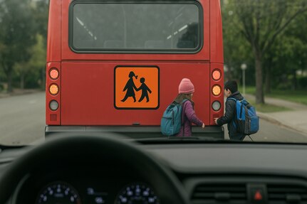 Safety starts with me – School buses in Germany don’t look like school buses in the U.S. The German school buses look like regular metro or city buses. There will be an orange sign on the back of the bus with an illustration of two children walking, though. That’s the differentiation. (Courtesy graphic)
