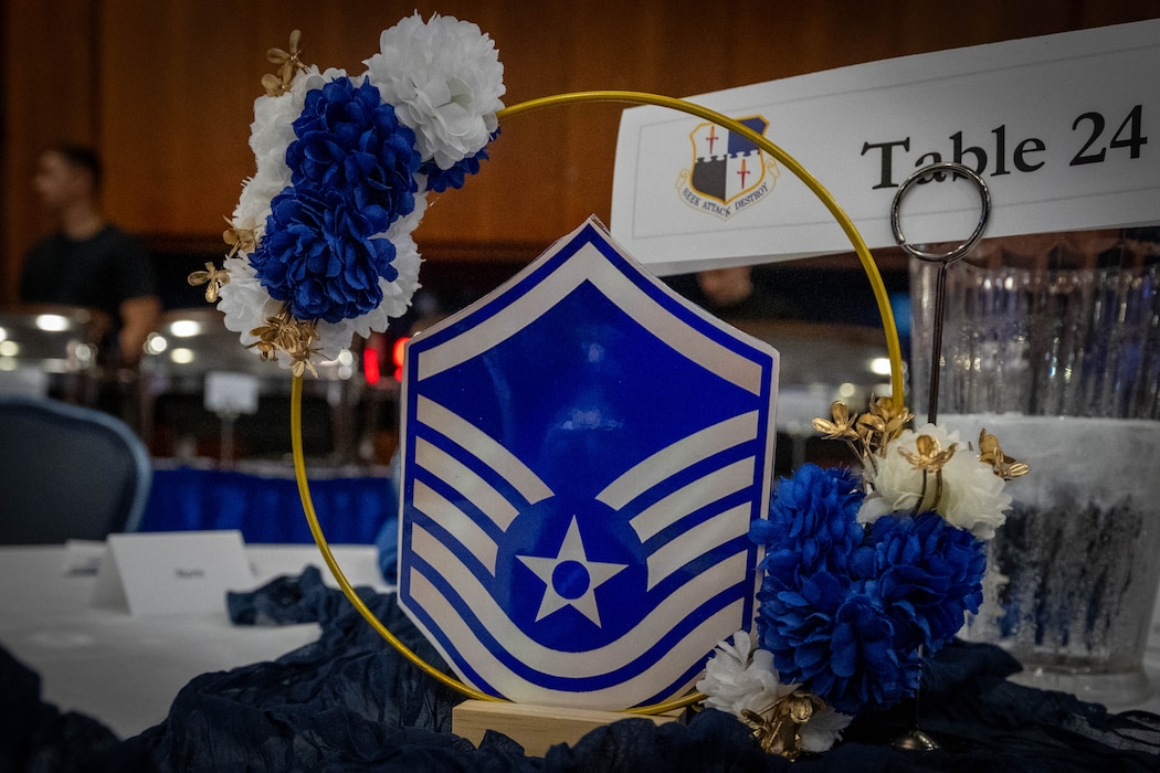 U.S. Air Force Master Sgt. Insignia sits on a table.