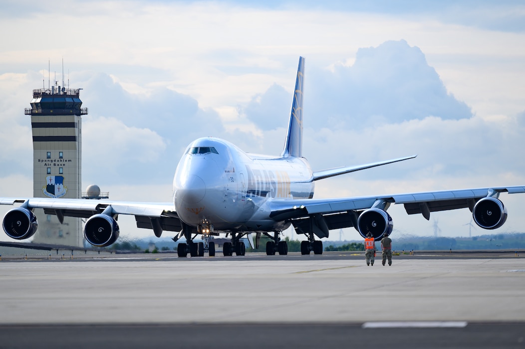 A 747 cargo plane on a runway