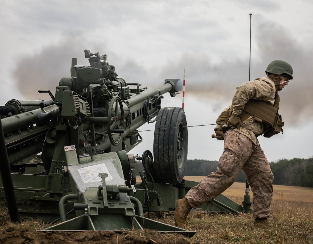 U.S. Marines with The Basic School demonstrate how to operate an M777 towed 155 mm howitzer to train newly commissioned officers at Marine Corps Base Quantico, Virginia, Feb. 28, 2024. Students at TBS are trained to be a rifle platoon commander equipped with high standards of professional knowledge, technical expertise and leadership. (U.S. Marine Corps photo by Sgt. Mitchell Johnson)