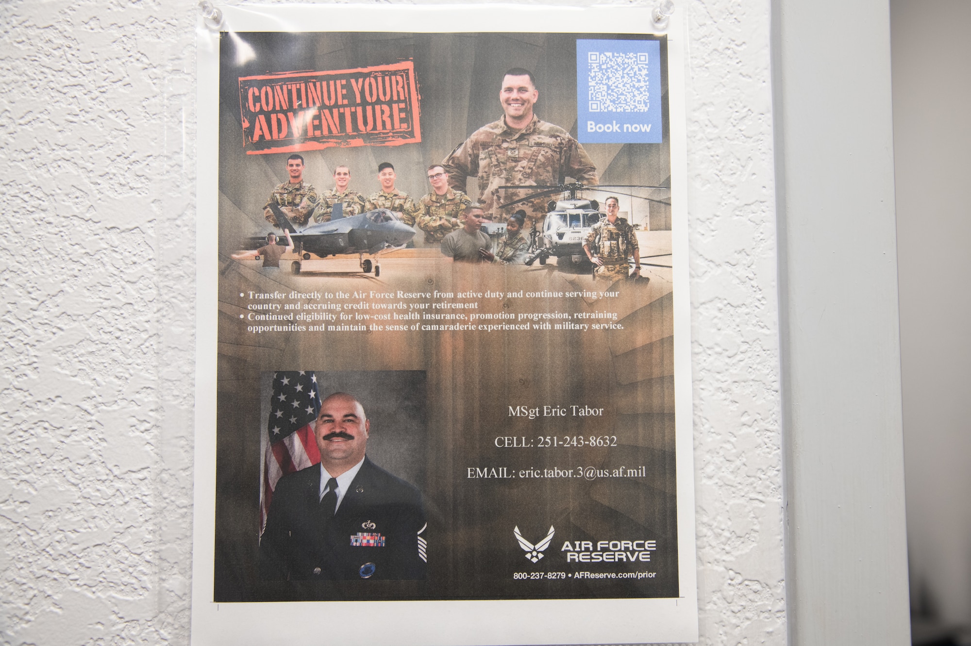Flyer hung up outside of Master Sgt. Tabor's office. The flyer showcases Tabor's contact information, photo, and QR code.