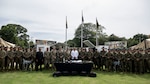 U.S. Army leadership, the Secretary General of the Ministry of Public Defense for Panama, and Servicio Nacional de Fronteras (SENAFRONT) leadership and members pose for a photo during a donation ceremony at SENAFRONT Headquarters, Panama, Aug. 7, 2025. During the donation ceremony, U.S. and Panama leadership recognized the Department of Defense delivery worth over $3 million USD in phased security assistance to SENAFRONT, including tactical vehicle maintenance, riverine mobility support supplies, and a field communications package. (U.S. Air Force photo by Senior Airman Julia Lebens)
