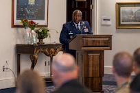 U.S. Air Force Col. Ryan L. O’Neal, 77th Intelligence Wing commander, addresses the audience at a dual assumption of command ceremony at Joint Base Anacostia-Bolling, Washington, D.C., July 29, 2025.