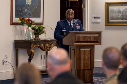 U.S. Air Force Col. Ryan L. O’Neal, 77th Intelligence Wing commander, addresses the audience at a dual assumption of command ceremony at Joint Base Anacostia-Bolling, Washington, D.C., July 29, 2025.