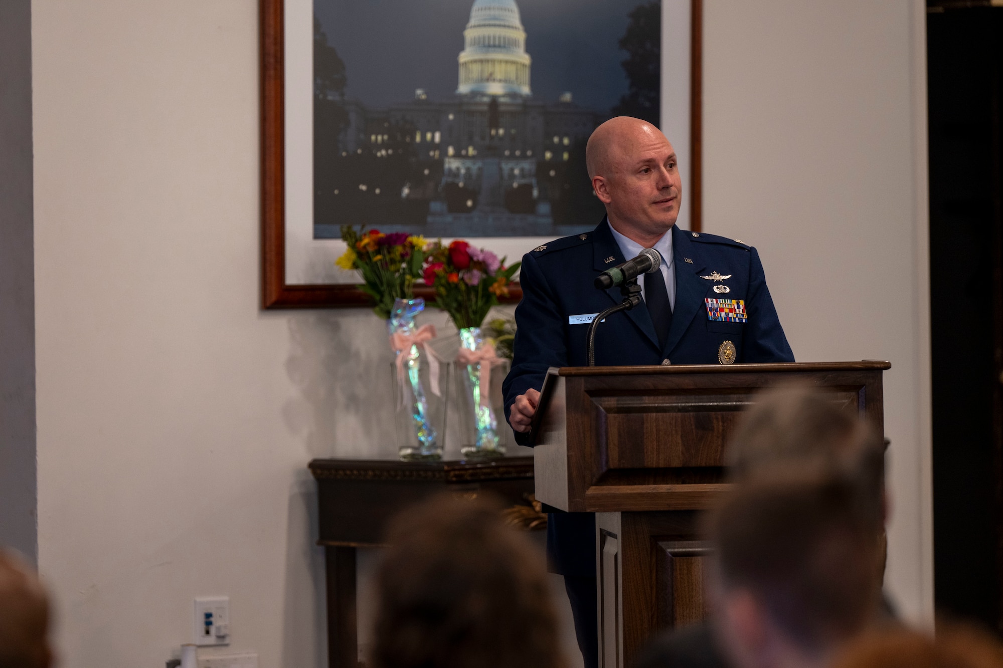 U.S. Air Force Lt. Col. Chad Polumbo, 2nd Intelligence Squadron commander, speaks during his assumption of command ceremony at Joint Base Anacostia-Bolling, July 29, 2025.