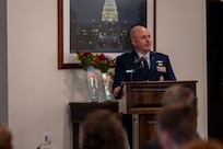 U.S. Air Force Lt. Col. Chad Polumbo, 2nd Intelligence Squadron commander, speaks during his assumption of command ceremony at Joint Base Anacostia-Bolling, July 29, 2025.