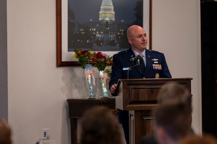 U.S. Air Force Lt. Col. Chad Polumbo, 2nd Intelligence Squadron commander, speaks during his assumption of command ceremony at Joint Base Anacostia-Bolling, July 29, 2025.
