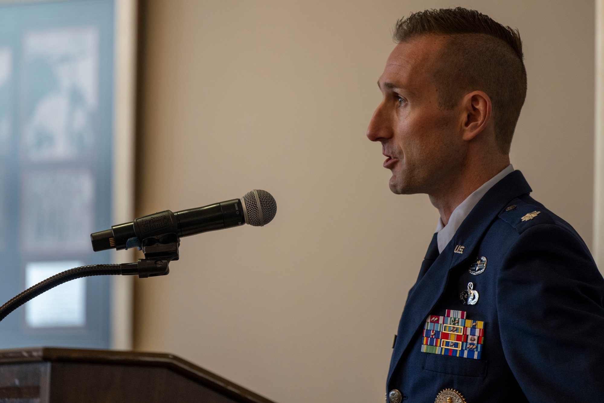 U.S. Air Force Lt. Col. Joseph Mellone, 6th Intelligence Support Squadron commander, speaks during his assumption of command ceremony at Joint Base Anacostia-Bolling, Aug. 8, 2025.