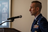 U.S. Air Force Lt. Col. Joseph Mellone, 6th Intelligence Support Squadron commander, speaks during his assumption of command ceremony at Joint Base Anacostia-Bolling, Aug. 8, 2025.
