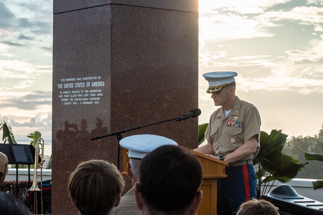 U.S. Marine Corps Col. Jason C. Armas, the commanding officer of Marine Rotational Force – Darwin 25.3, gives a speech during the 83rd Anniversary of the Battle of Guadalcanal Ceremony at the Guadalcanal American Memorial in Honiara, Solomon Islands, Aug. 7, 2025. The ceremony commemorated the 83rd anniversary of the battle and served to honor the fallen and strengthen the U.S. relationship with the Solomon Islands and other Pacific allies and partners. The historic battle was codenamed Operation Watchtower and was the first major offensive and decisive victory for Allied forces in the Pacific theater. (U.S. Marine Corps photo by Cpl. Anita Ramos)