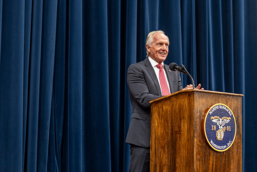 Mr. Greg Norman, Chief Executive Officer, Chairman and founder, Greg Norman Company. speaks at a reception prior to a Friday Evening Parade at Marine Barracks Washington, D.C., Aug. 8, 2025. The Friday Evening Parade is a symbol of tradition and heritage of the Marine Corps. This parade, hosted by U.S. Marine Corps Lt. Gen. Leonard F. Anderson IV, commander of Marine Forces Reserve and Marine Forces South, was held in honor of Norman. (U.S. Marine Corps photo by Sgt. Samuel Qin)