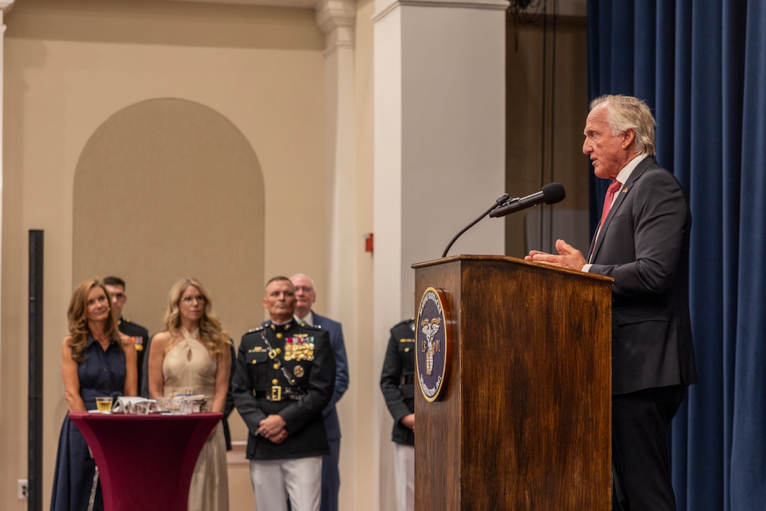 Mr. Greg Norman, Chief Executive Officer, Chairman and founder, Greg Norman Company. speaks at a reception prior to a Friday Evening Parade at Marine Barracks Washington, D.C., Aug. 8, 2025. The Friday Evening Parade is a symbol of tradition and heritage of the Marine Corps. This parade, hosted by U.S. Marine Corps Lt. Gen. Leonard F. Anderson IV, commander of Marine Forces Reserve and Marine Forces South, was held in honor of Norman. (U.S. Marine Corps photo by Sgt. Samuel Qin)