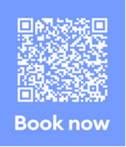 White QR code with a blue background with the words "Book Now."