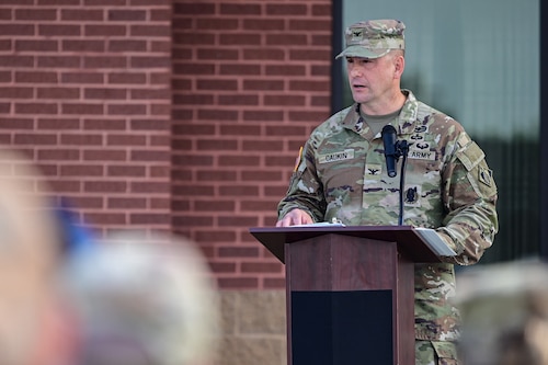 U.S. Army Col. Patrick Caukin, U.S. Army Corps of Engineers commander, speaks at a ribbon cutting ceremony for new dorms at Little Rock Air Force Base, Arkansas, Aug. 12, 2025. The large-scale project was the result of close coordination between the 19th Airlift Wing and its partners, including the U.S. Army Corps of Engineers.