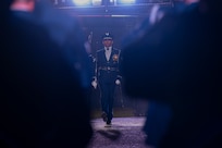 U.S. Air Force Tech. Sgt. Michael Mendoza, U.S. Air Force Honor Guard Drill Team flight chief, marches into the performance area with members of the Drill Team during rehearsal for the 75th Royal Edinburgh Military Tattoo in Edinburgh, Scotland, July 31, 2025. Military bands and drill teams from the U.S., United Kingdom, Switzerland, Canada, Germany, Poland, and Ukraine performed during the 24-day event. (U.S. Air Force photo by Hayden Hallman)