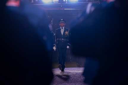 U.S. Air Force Tech. Sgt. Michael Mendoza, U.S. Air Force Honor Guard Drill Team flight chief, marches into the performance area with members of the Drill Team during rehearsal for the 75th Royal Edinburgh Military Tattoo in Edinburgh, Scotland, July 31, 2025. Military bands and drill teams from the U.S., United Kingdom, Switzerland, Canada, Germany, Poland, and Ukraine performed during the 24-day event. (U.S. Air Force photo by Hayden Hallman)