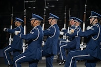 Members of the U.S. Air Force Honor Guard Drill Team rehearse for the 75th Royal Edinburgh Military Tattoo in Edinburgh, Scotland, July 31, 2025. Military bands and drill teams from the U.S., United Kingdom, Switzerland, Canada, Germany, Poland, and Ukraine performed during the 24-day event. (U.S. Air Force photo by Hayden Hallman)