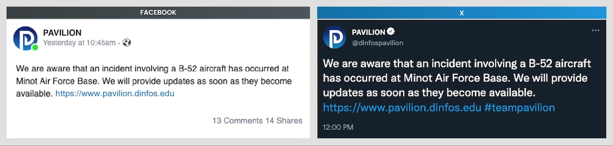 Fictitious Facebook and X posts shown side-by-side that read, "We are aware that an incident involving a B-52 aircraft has occurred at Minot Air Force Base. We will provide updates as soon as they become available. https://www.pavilion.dinfos.edu"