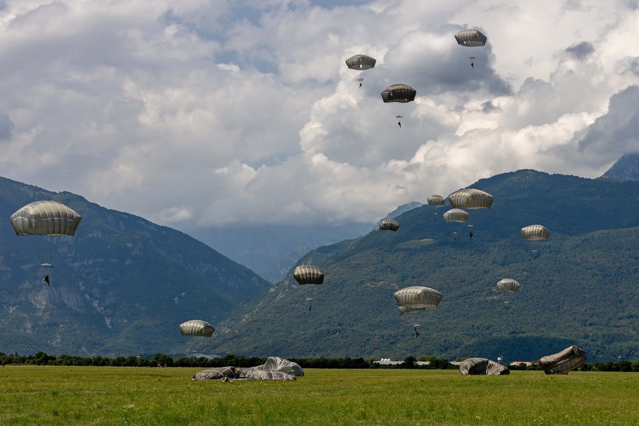 A group of paratroopers parachute down from the sky onto a field with mountains in the distance.