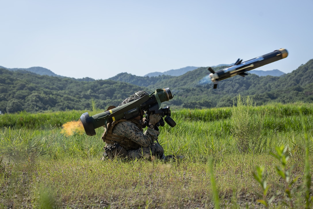 U.S. Marine Corps Sgt. Zachary Savage, an anti-tank missile gunner with 2nd Battalion, 23rd Marines, forward deployed with 4th Marine Regiment, 3d Marine Division as part of the Unit Deployment Program, fires a Javelin shoulder-fired anti-tank missile during the Korean Marine Exercise Program 25.2 in Pocheon, South Korea, July 29, 2025. KMEP is conducted regularly between the ROK and U.S. Marine Corps to increase their combined capabilities through realistic training geared towards deterrence and maintaining peace in the Indo-Pacific. (U.S. Marine Corps photo by Lance Cpl. Van Hoang)