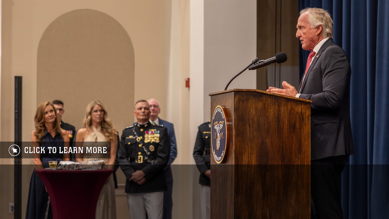 Mr. Greg Norman, Chief Executive Officer, Chairman and founder, Greg Norman Company. speaks at a reception prior to a Friday Evening Parade at Marine Barracks Washington, D.C., Aug. 8, 2025. The Friday Evening Parade is a symbol of tradition and heritage of the Marine Corps. This parade, hosted by U.S. Marine Corps Lt. Gen. Leonard F. Anderson IV, commander of Marine Forces Reserve and Marine Forces South, was held in honor of Norman. (U.S. Marine Corps photo by Sgt. Samuel Qin)