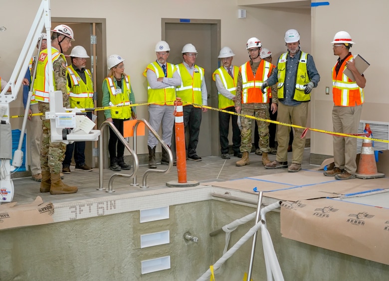 U.S. Army Corps of Engineers and Department of Veterans Affairs leaders, contractors and project delivery team members see the nearly complete therapy pool in the Spinal Cord Injury/Community Living Center building Aug. 7 at the Jennifer Moreno Veterans Affairs Medical Center in San Diego.
