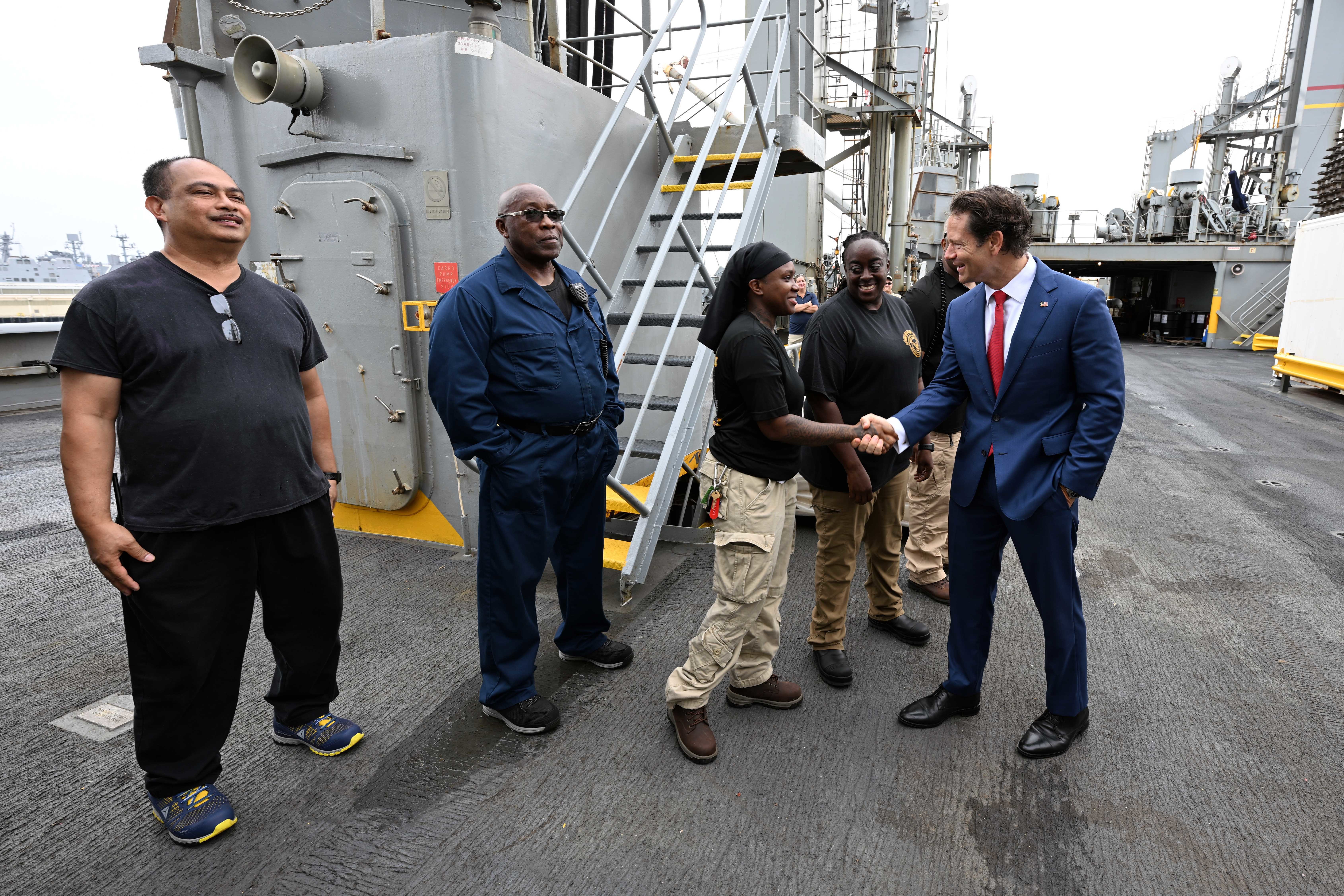 Assistant Secretary of the Navy (Manpower and Reserve Affairs), Mr. C Scott Duncan addresses the crew of USNS Patuxent (T-AO 201) during a ship tour, aboard the ship Aug. 13, 2025.