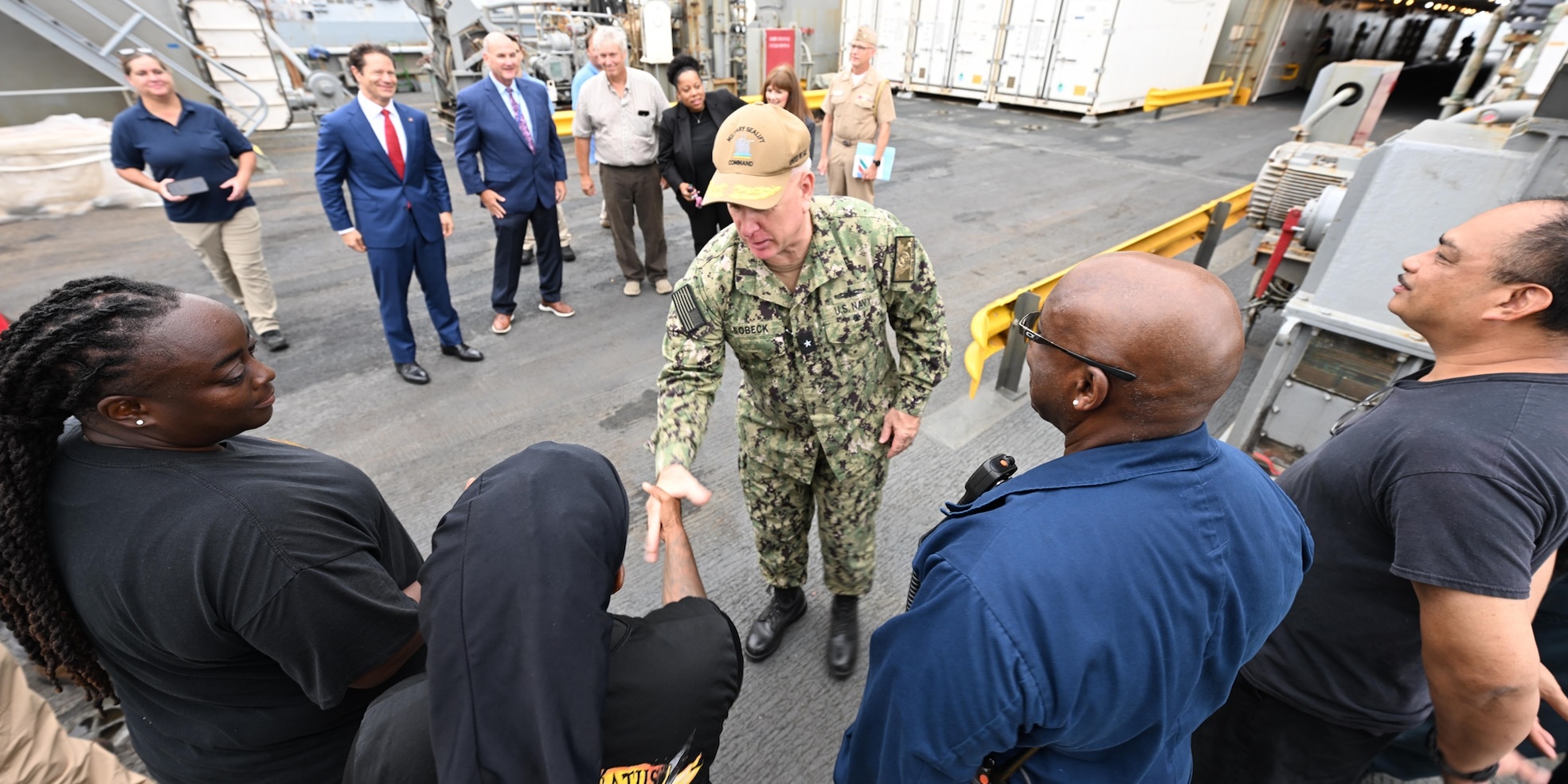 Rear Adm. Philip E. Sobeck, Commander, Military Sealift Command, addresses the crew of USNS Patuxent (T-AO 201) during a ship tour, aboard the ship August 13, 2025.