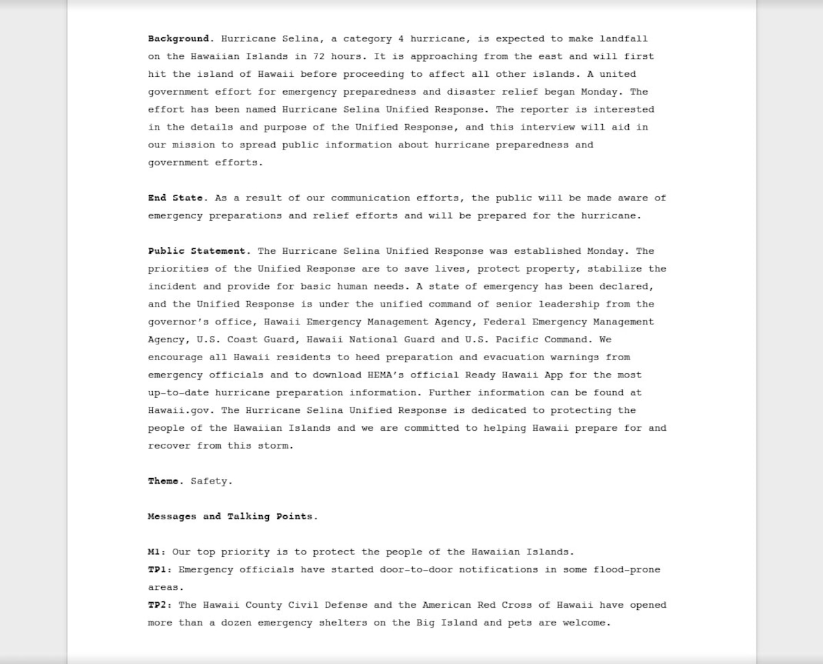A completed briefing card example containing background information, end state, public statement, a theme, messages and talking points for Hurricane Selina.