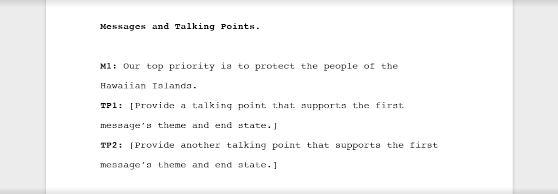 An example of one targeted and tailored command message that reads, "M1: Our top priority is to protect the people of the Hawaiian Islands."