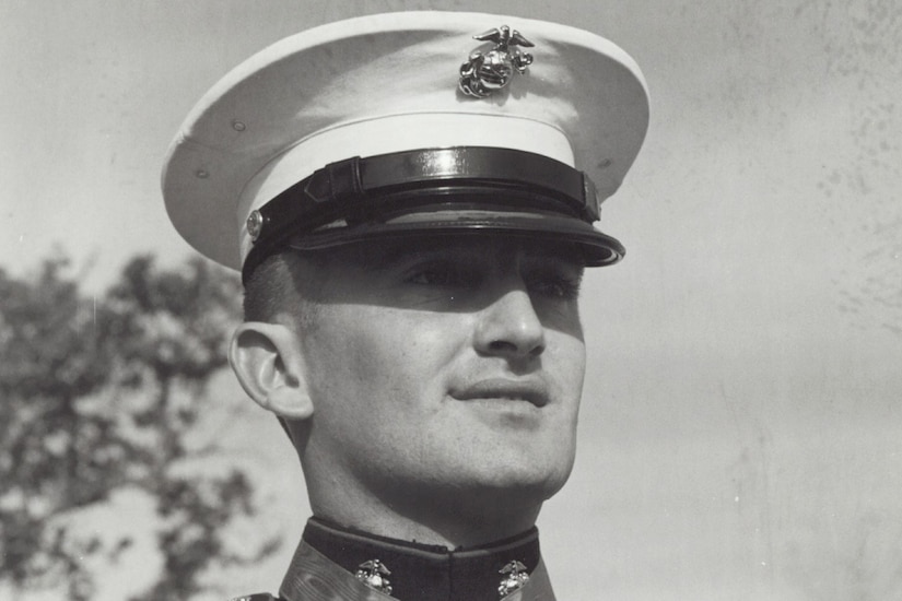 A person in a military dress uniform looks into the distance.