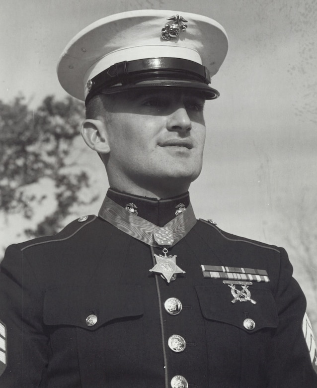 A person in a military dress uniform looks into the distance.