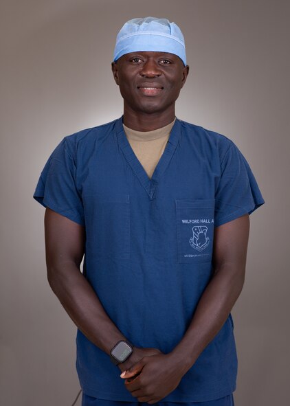Senior Airman Ebenezer Owusu Arthur, 59th Medical Wing central sterile processing technician, poses for a portrait at Wilford Hall Ambulatory Surgical Center.
