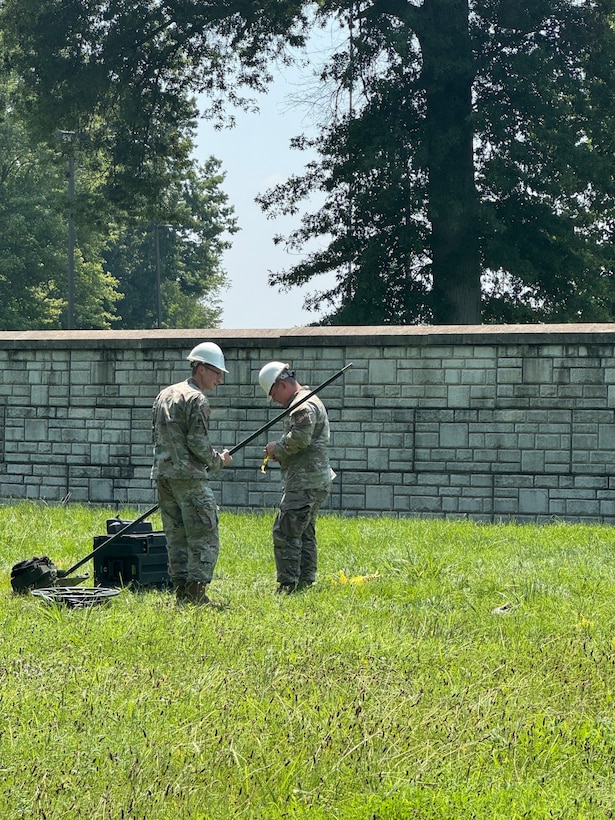 U.S. Air Force Airmen with the Kentucky National Guard's Chemical, Biological, Radiological, Nuclear and high-yield explosives (CBRNE) Enhanced Response Force Package (CERFP) Joint Incident Site Communications Capability (JISCC) team set up communications equipment to enable electronic communication throughout the area during their external evaluation at Muscatatuck Training Center, July 29 through Aug. 1, 2025.