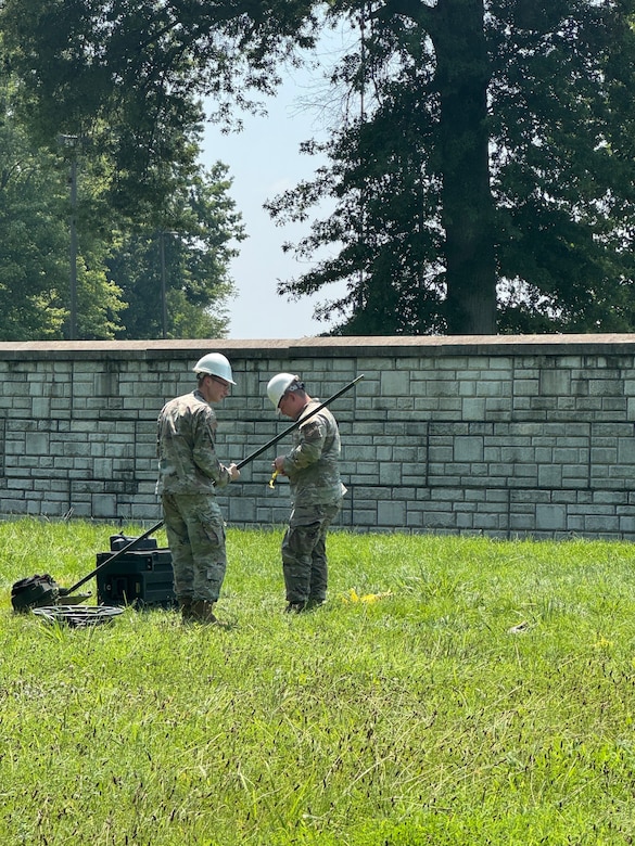 U.S. Air Force Airmen with the Kentucky National Guard's Chemical, Biological, Radiological, Nuclear and high-yield explosives (CBRNE) Enhanced Response Force Package (CERFP) Joint Incident Site Communications Capability (JISCC) team set up communications equipment to enable electronic communication throughout the area during their external evaluation at Muscatatuck Training Center, July 29 through Aug. 1, 2025.