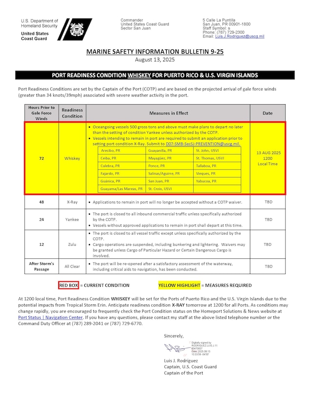 Coast Guard Marine Safety Information Bulletin for Aug. 13, 2025 setting Port Condition WHISKEY for all seaports in Puerto Rico and the U.S. Virgin Islands due to Tropical Storm Erin.  (Coast Guard image)