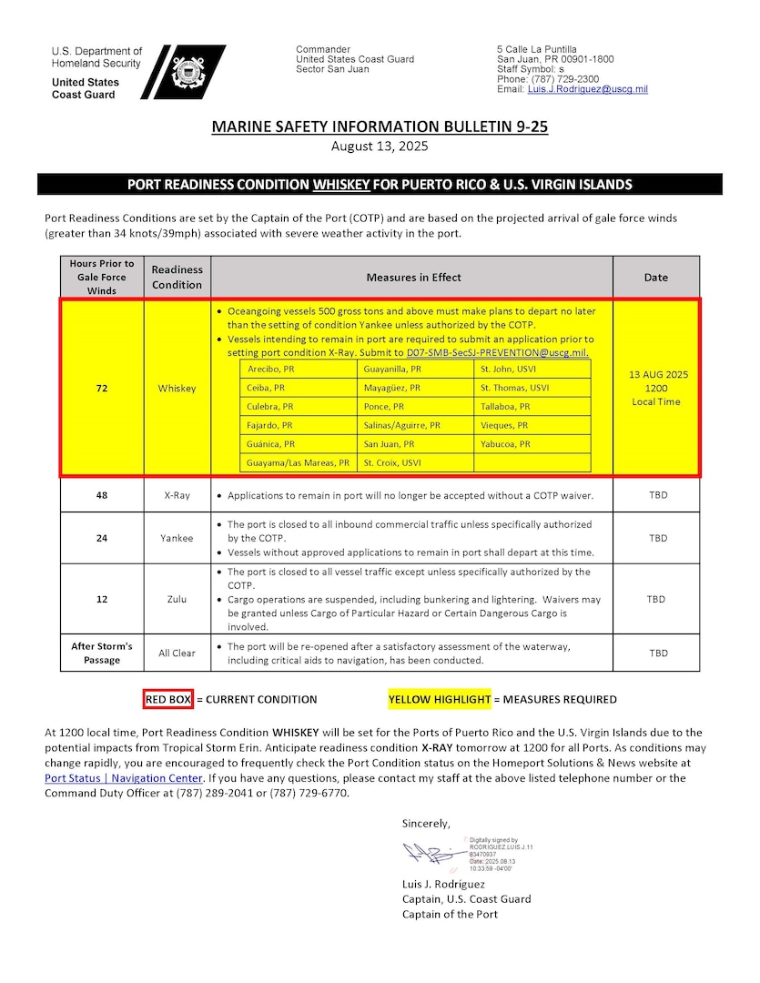 Coast Guard Marine Safety Information Bulletin for Aug. 13, 2025 setting Port Condition WHISKEY for all seaports in Puerto Rico and the U.S. Virgin Islands due to Tropical Storm Erin.  (Coast Guard image)