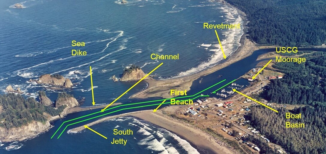 Photo illustration of mapped project area in the Quillayute River’s inner and outer navigation channels, where maintenance dredging operations will begin Sept. 1, 2025, and is scheduled to be completed by Feb. 28, 2026.