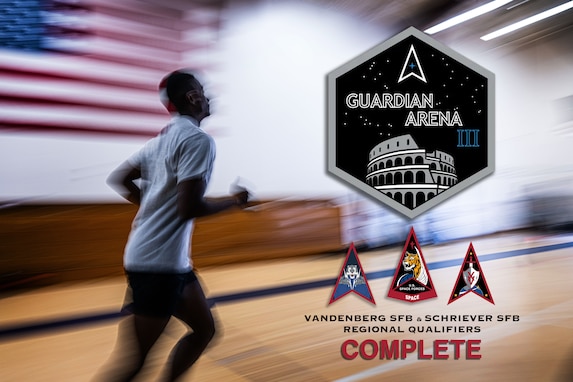 A man running in the gym is blurred out and the background of a infographic for announcement of completion for the Guardian Arena III Regional Qualifiers at Vandenberg Space Force Base and Schriever Space Force Base.